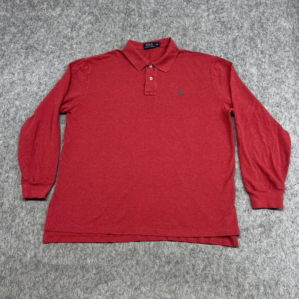 Polo Ralph Lauren Polo Shirt Mens XL Red Long Sleeve‎ 100% Cotton Green Pony